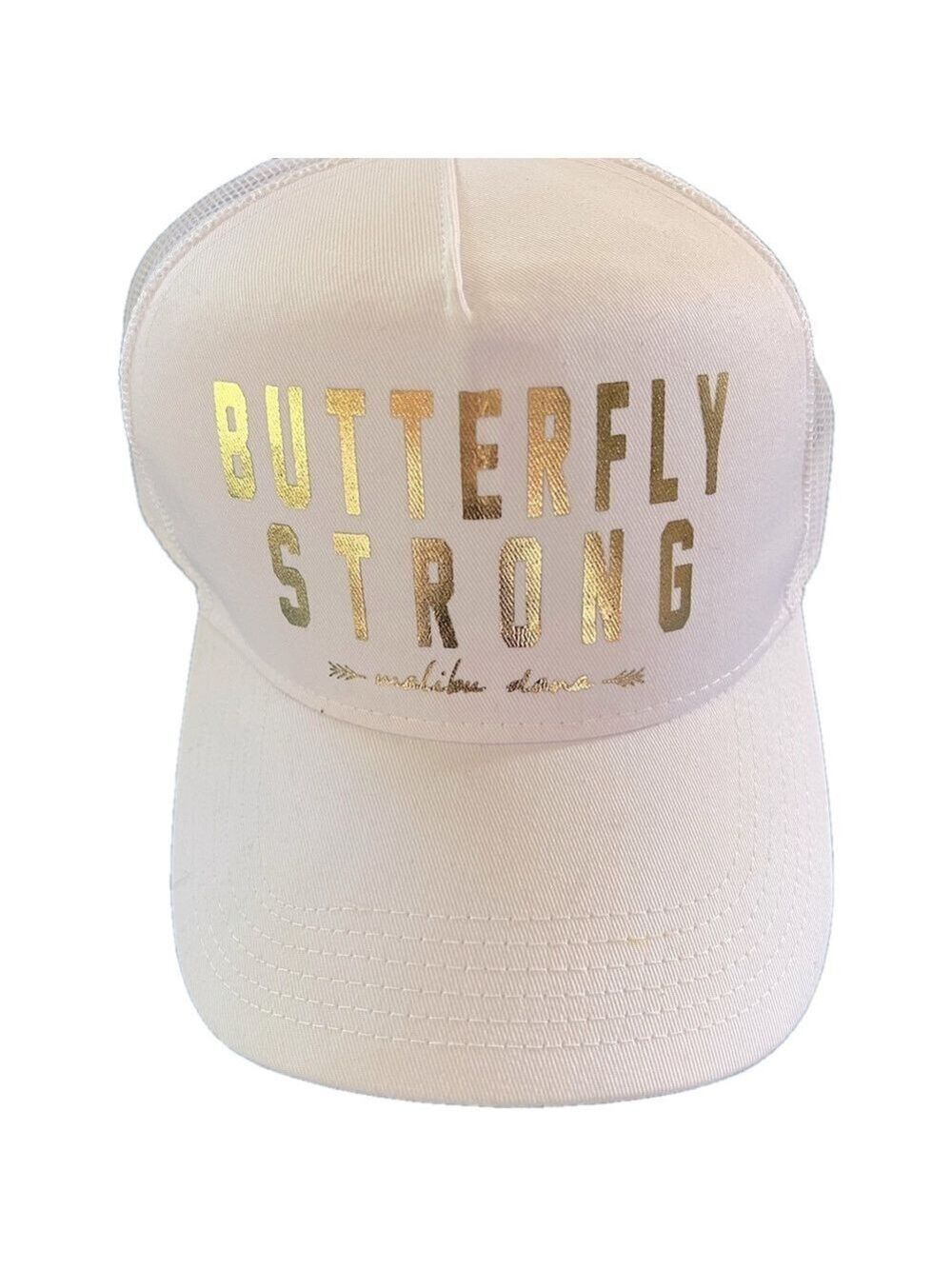 Hat adjustable sizing. White with gold lettering. Butterfly Strong. Mesh back.